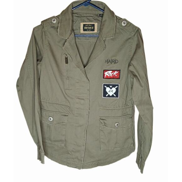 Hard Rock Womens Small Army Green Jacket Guitar Co Military Style Distressed NWT - Picture 1 of 13